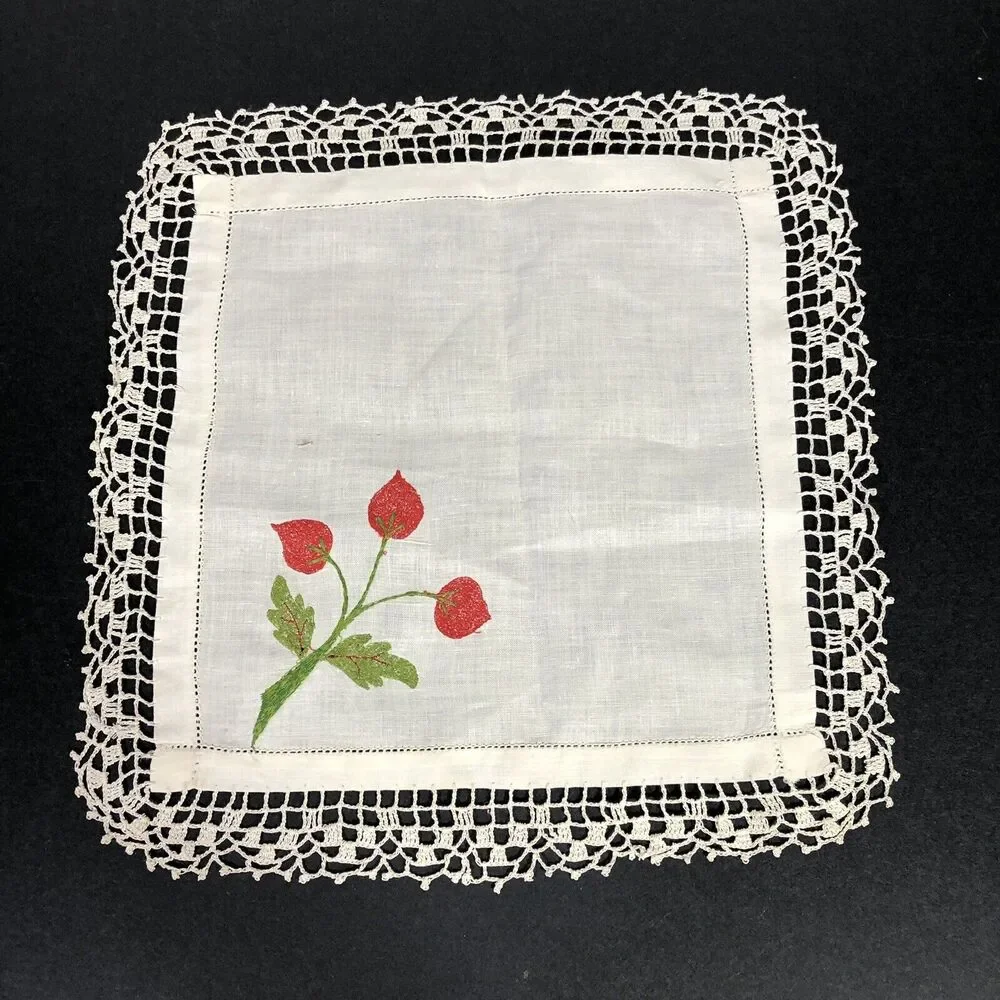 Vintage Small Table Topper Linens Square Purple Grapes Red Flowers Crochet Edge
